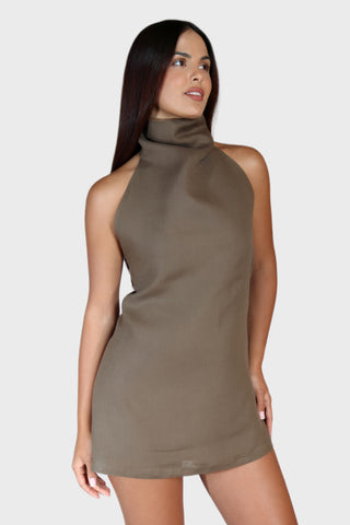 High Neck Mini Linen Dress