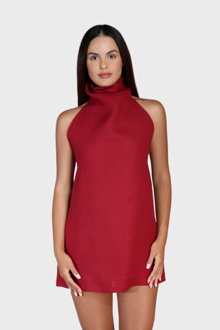 High Neck Mini Linen Dress
