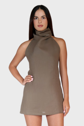 High Neck Mini Linen Dress