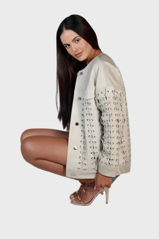 Oversized Crystal Eyelet Leather Jacket