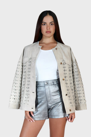 Oversized Crystal Eyelet Leather Jacket