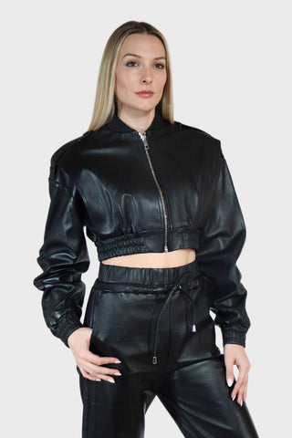 Cropped Bomber Leather Jacket