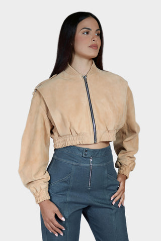 Cropped Bomber Leather Jacket