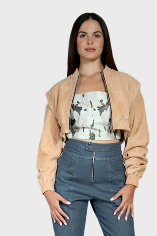 Cropped Bomber Leather Jacket