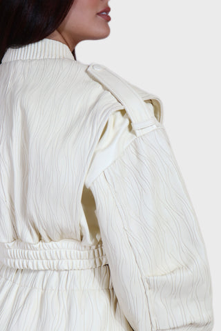 Cropped Bomber Plisse Leather Jacket