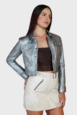 Cropped Snap Leather Jacket