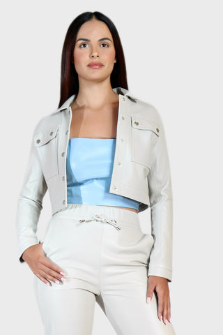 Cropped Snap Leather Jacket