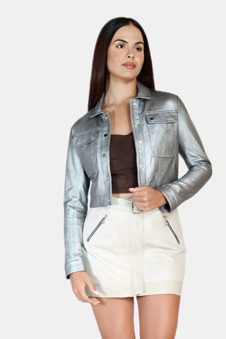Cropped Snap Leather Jacket
