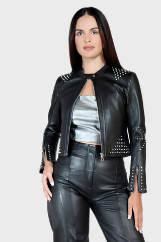 Crystal Studded Moto Leather Jacket