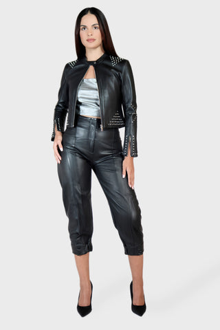 Crystal Studded Moto Leather Jacket
