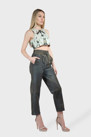 Drawstring Cropped Leather Pants