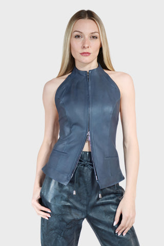 High Neck Double Zip Leather Top
