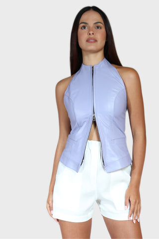 High Neck Double Zip Leather Top