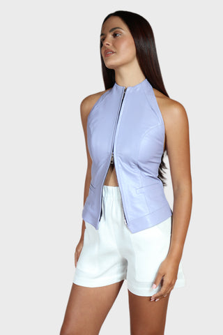 High Neck Double Zip Leather Top