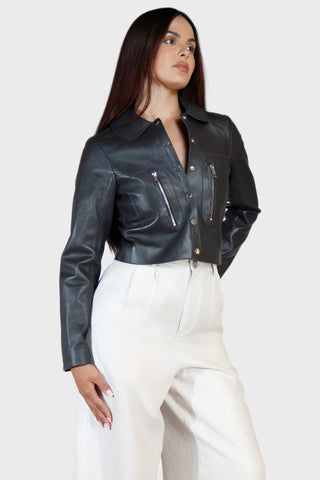 Trucker Round Collar Leather Jacket
