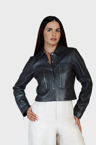 Trucker Round Collar Leather Jacket