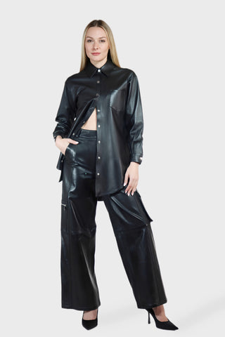 Wide Leg Cargo Leather Pants