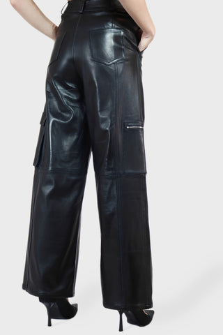 Wide Leg Cargo Leather Pants