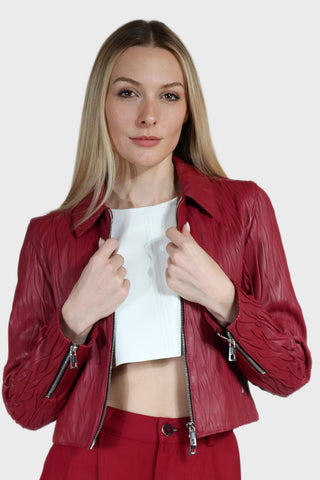 Zip Up Plisse Leather Jacket