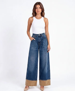 Pleated Wide Leg Fold-Over Jeans