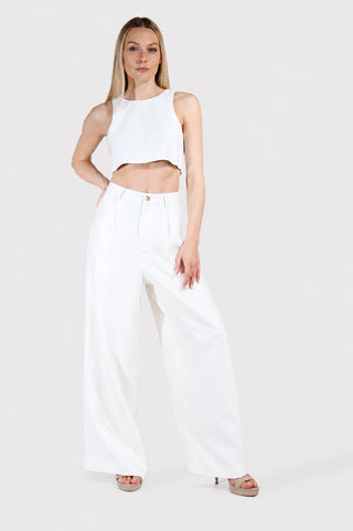Wide Leg Pleated Linen Pants Tailored Rise